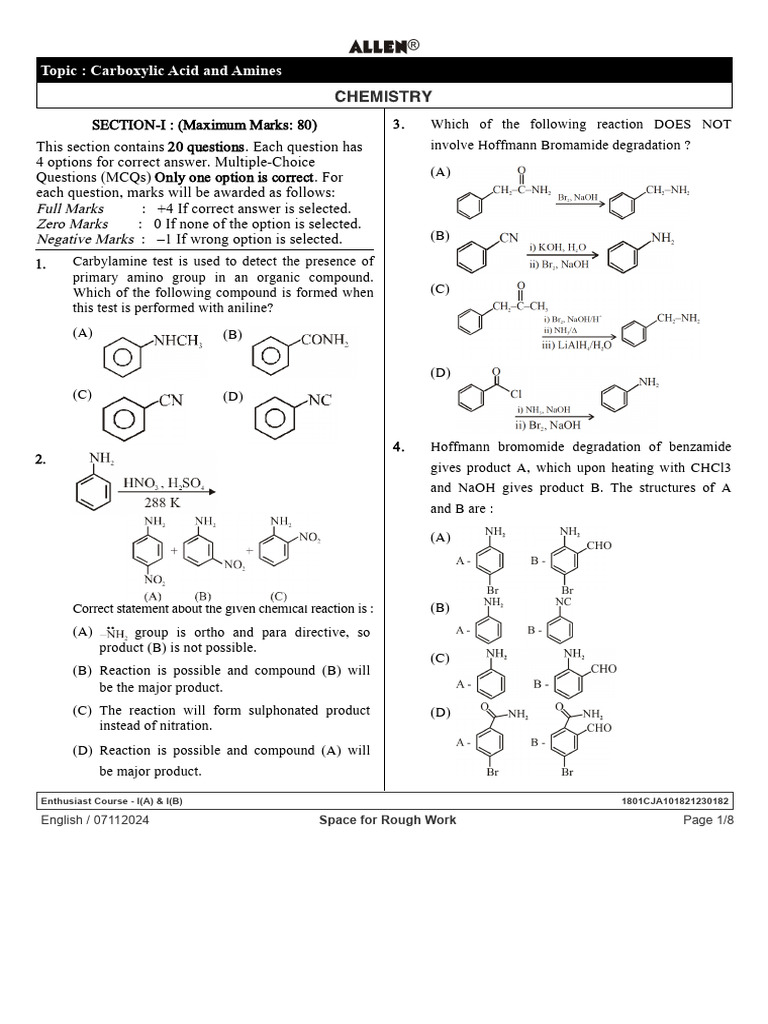 Carboxylic Acids and Amines MCQs | PDF | Amine | Amide