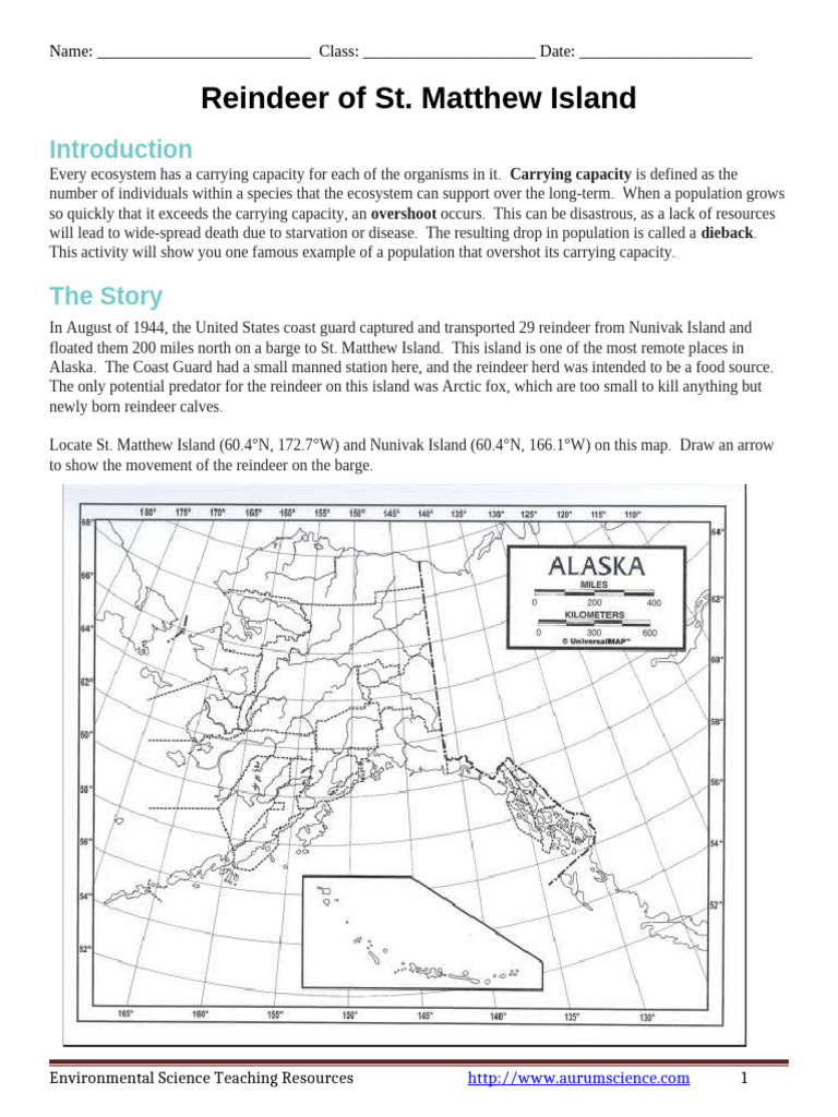 Reindeer of St. Matthew Data Activity PDF Reindeer Ecology