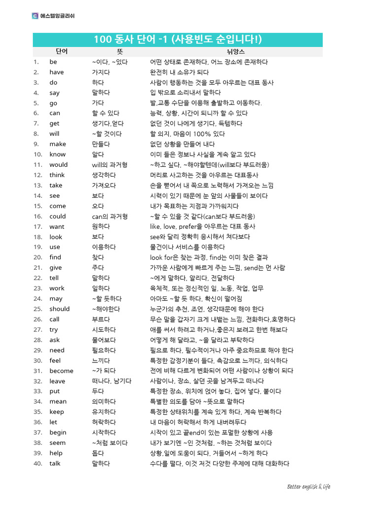 동사 100개 | PDF