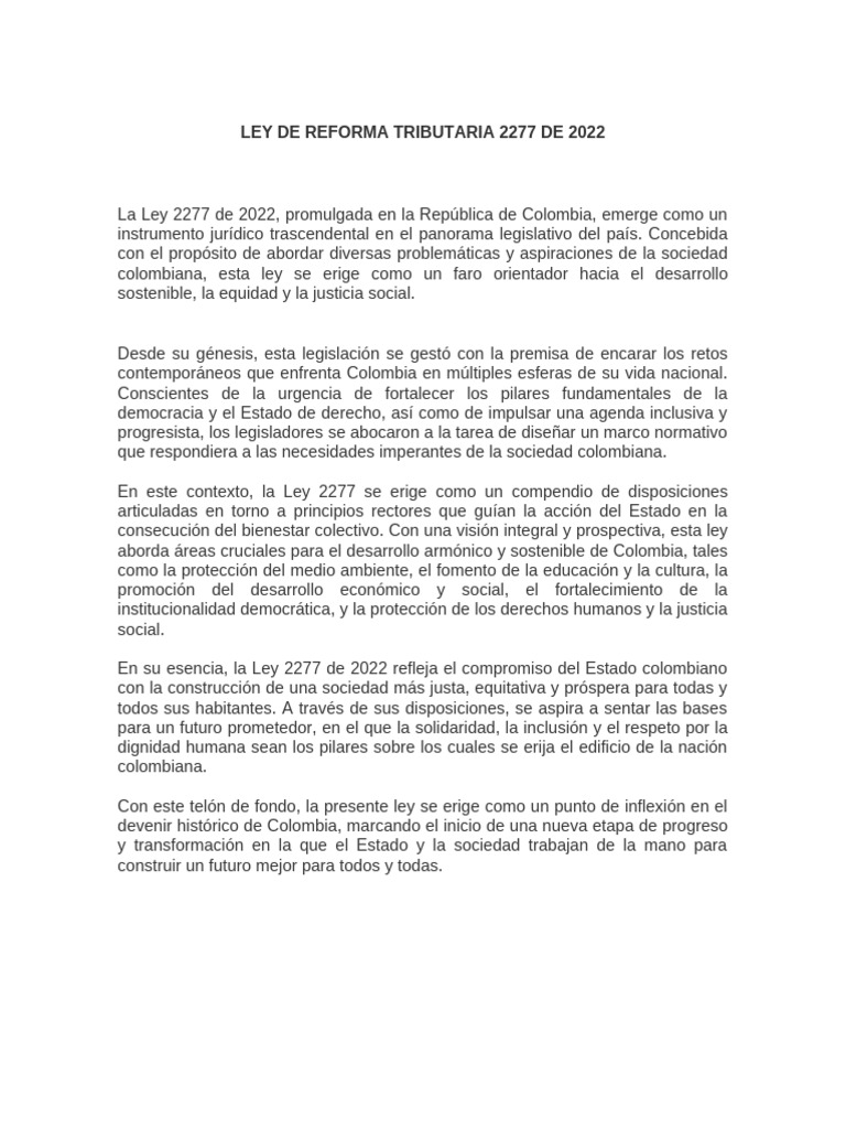 Ley de Reforma Tributaria 2277 de 2022 | PDF | Impuestos | Impuesto ...