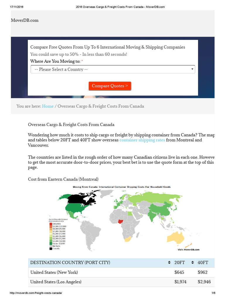 2016 Overseas Cargo & Freight Costs From Canada - MoverDB | PDF | Cargo ...