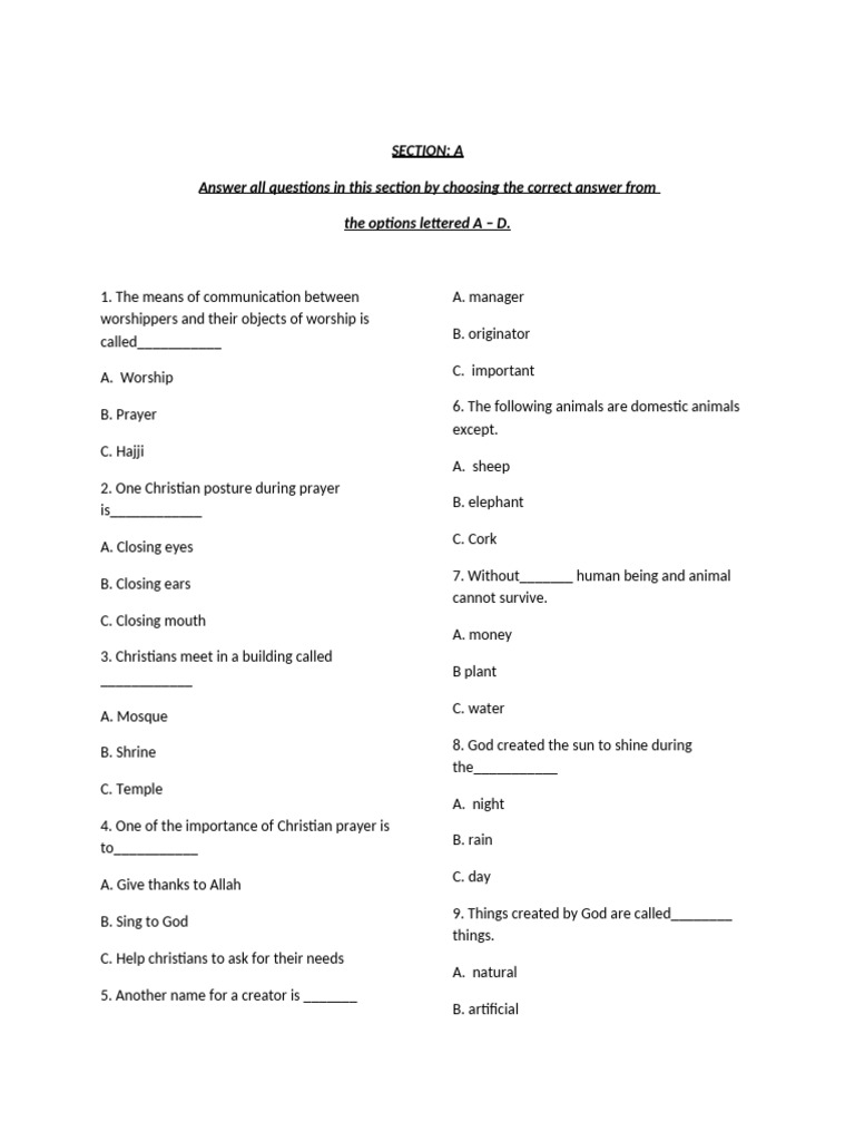 RME Questions for Primary 1-4 | PDF | God | Worship