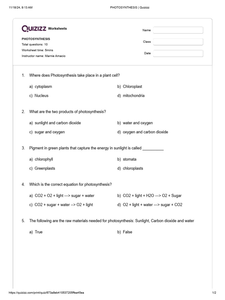 Photosynthesis Worksheet and Quiz | PDF | Photosynthesis | Carbon Dioxide