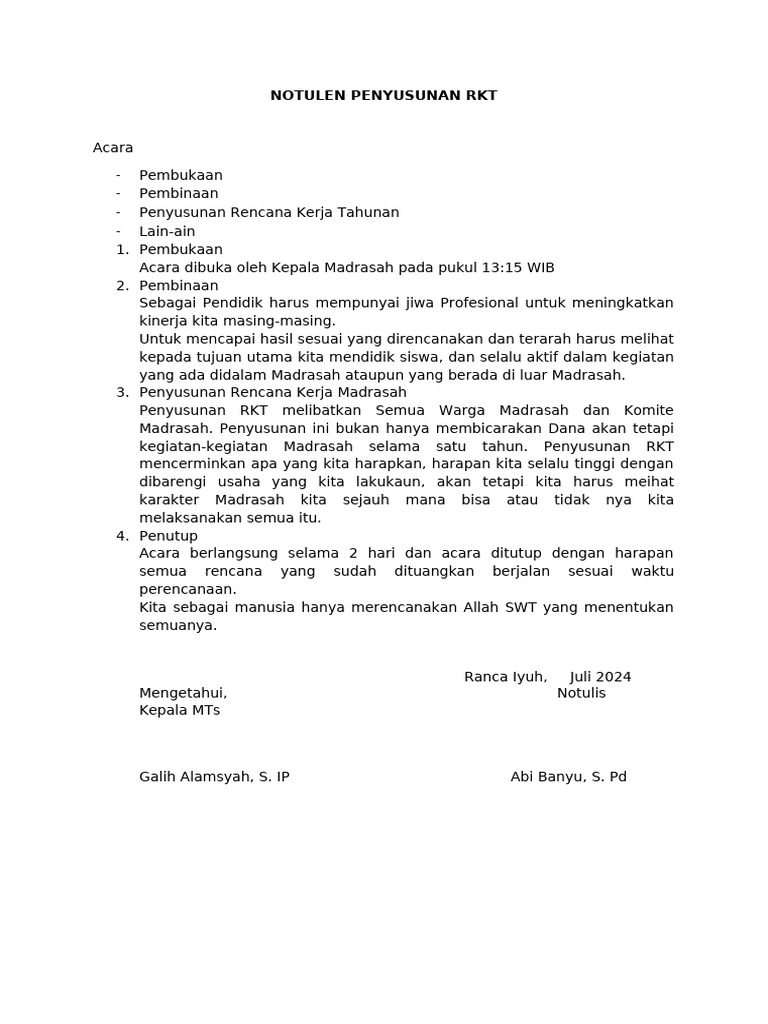 Notulen Penyusunan RKT | PDF | Karier & Perkembangan