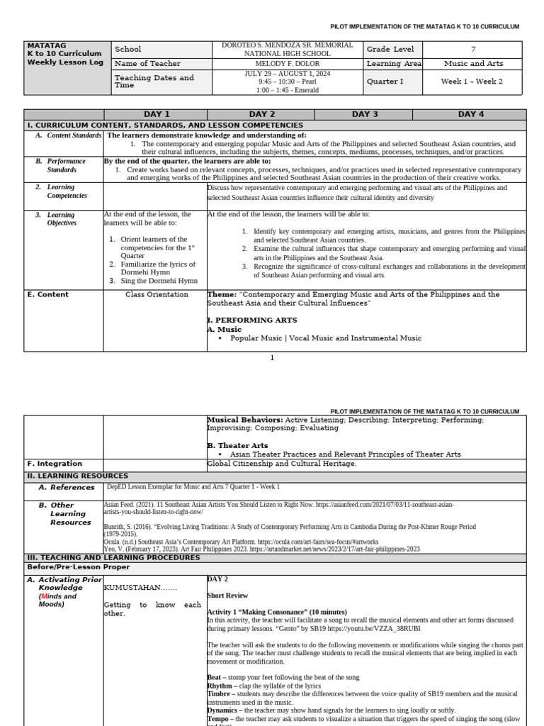 Music and Art - Matatag - Q1 Week 1 | PDF | Curriculum | Cognition