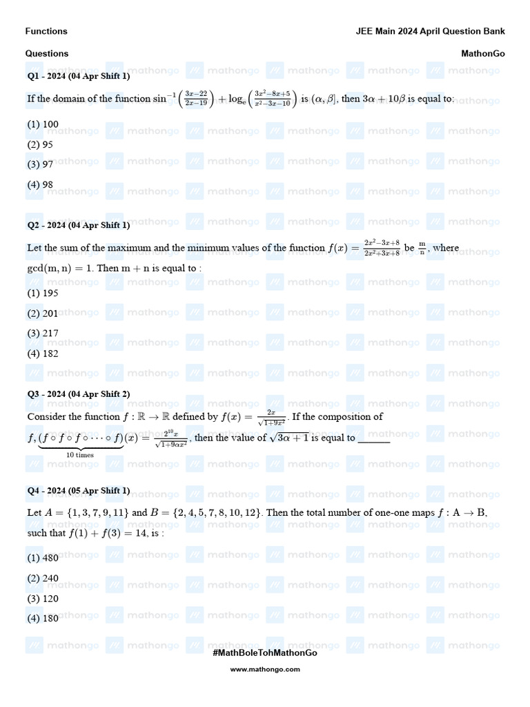JEE Main 2024 April Math Question Bank | PDF | Function (Mathematics ...