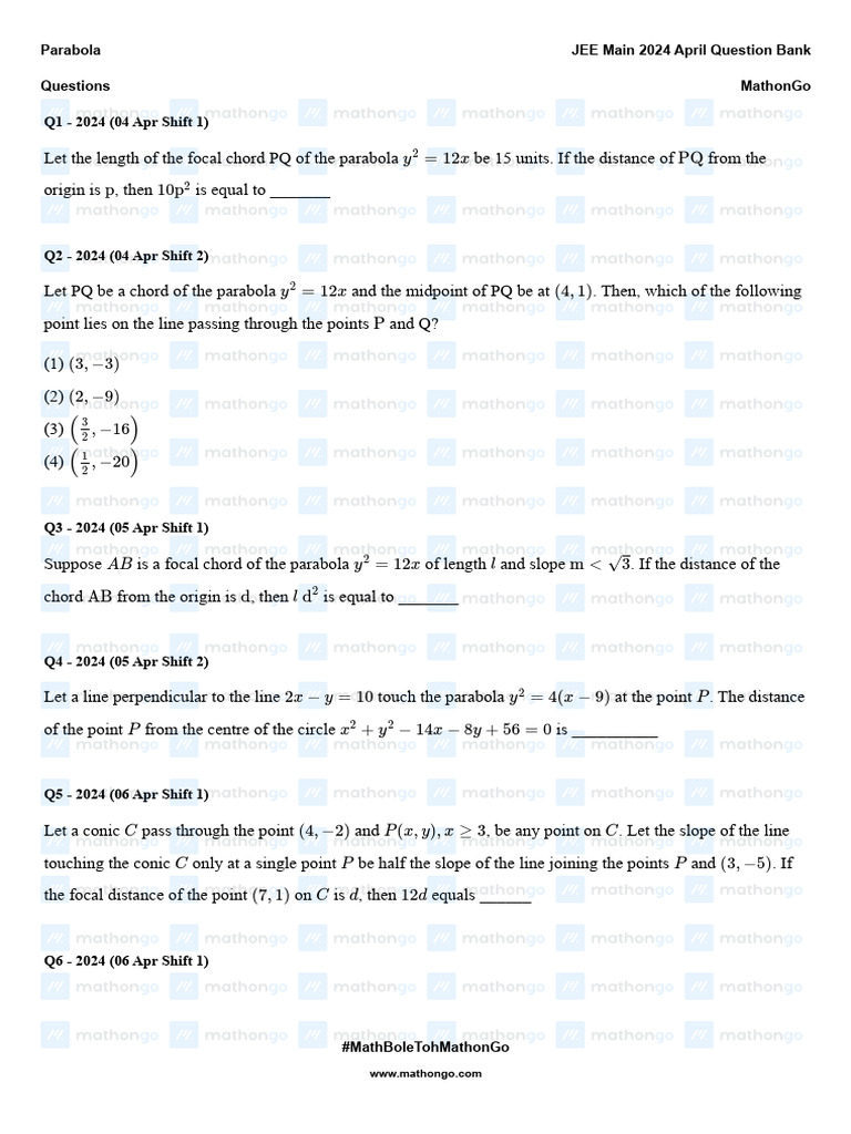 JEE Main 2024 Parabola Question Bank | PDF | Analytic Geometry ...