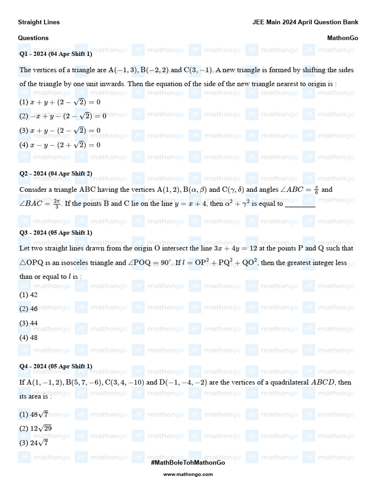 Straight Lines - JEE Main 2024 April Question Bank - MathonGo | PDF ...