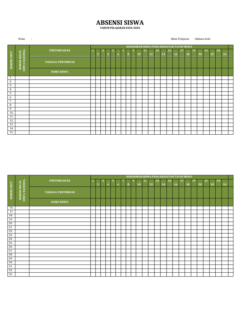 Absensi Siswa Bahasa Arab 2024-2025 | PDF