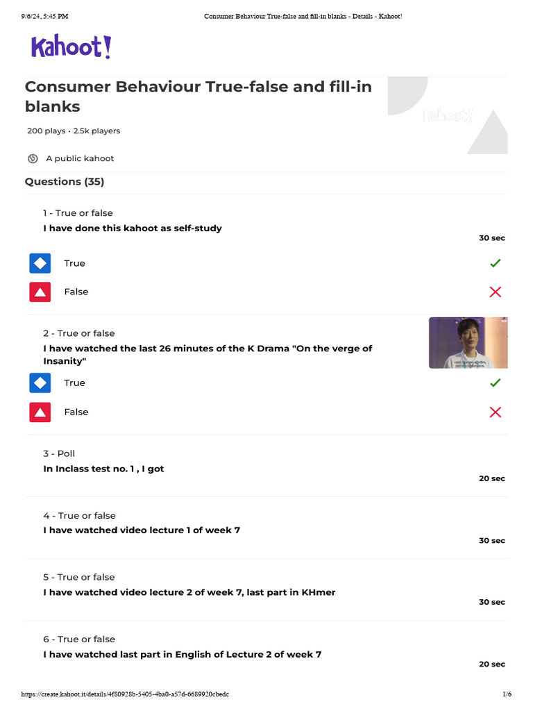 Consumer Behaviour True-False and Fill-In Blanks - Details - Kahoot ...