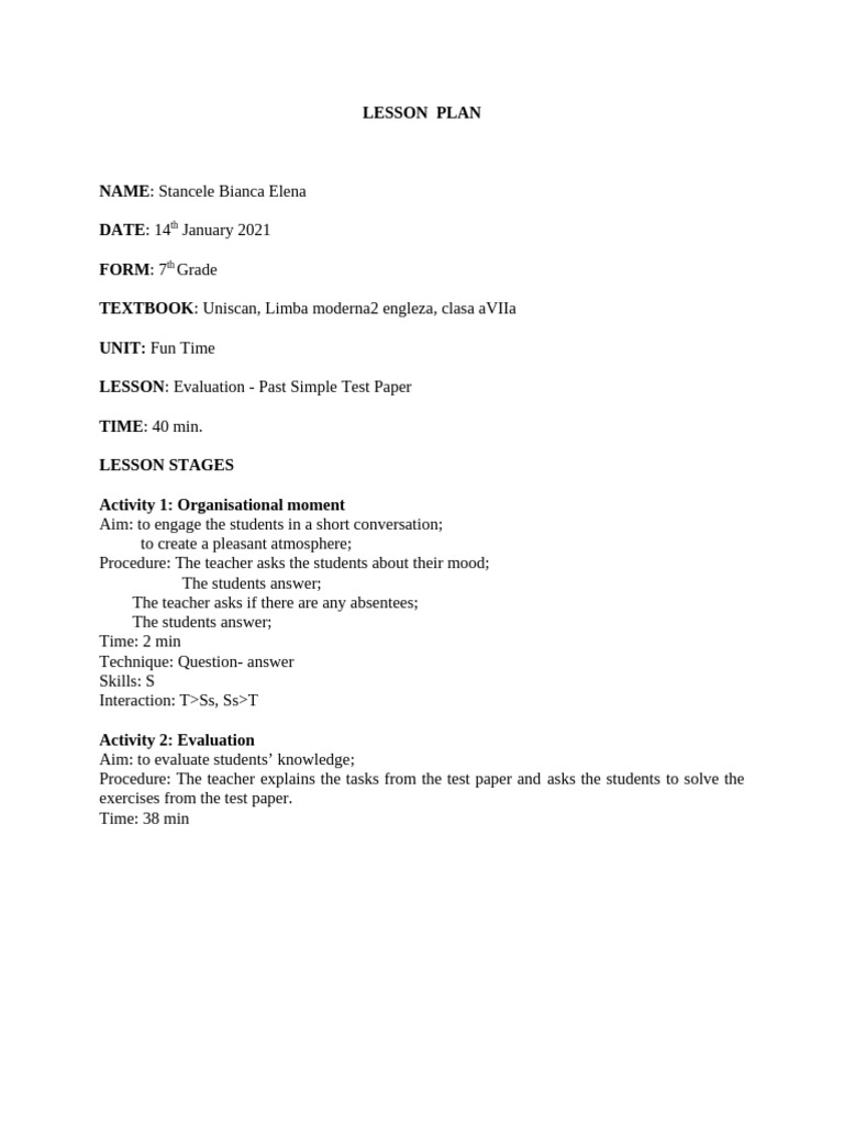 7th Grade Past Simple Test Plan | PDF | Art