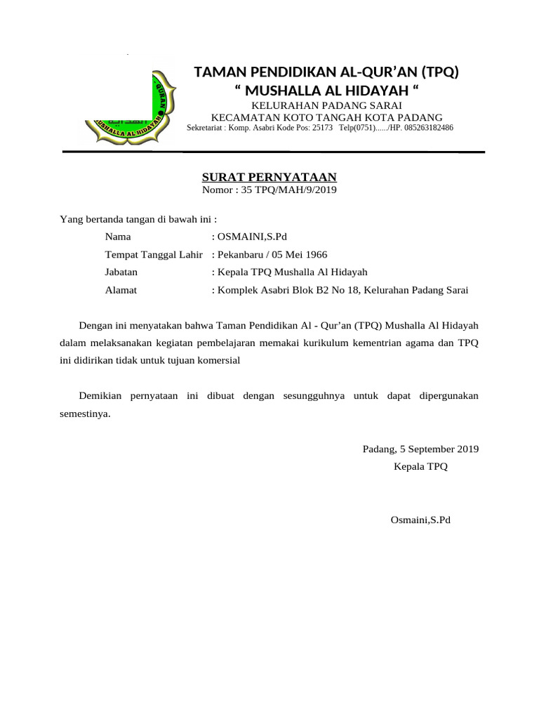 Surat Pernyataan Kurikulum Pdf