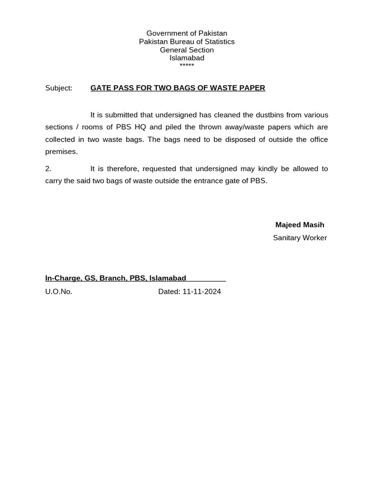 Gate Pass Request for Waste Paper Disposal | PDF