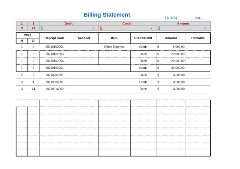 Billing Statement: 1 1 Debit Credit Amount 3 14 | PDF | Finance & Money ...