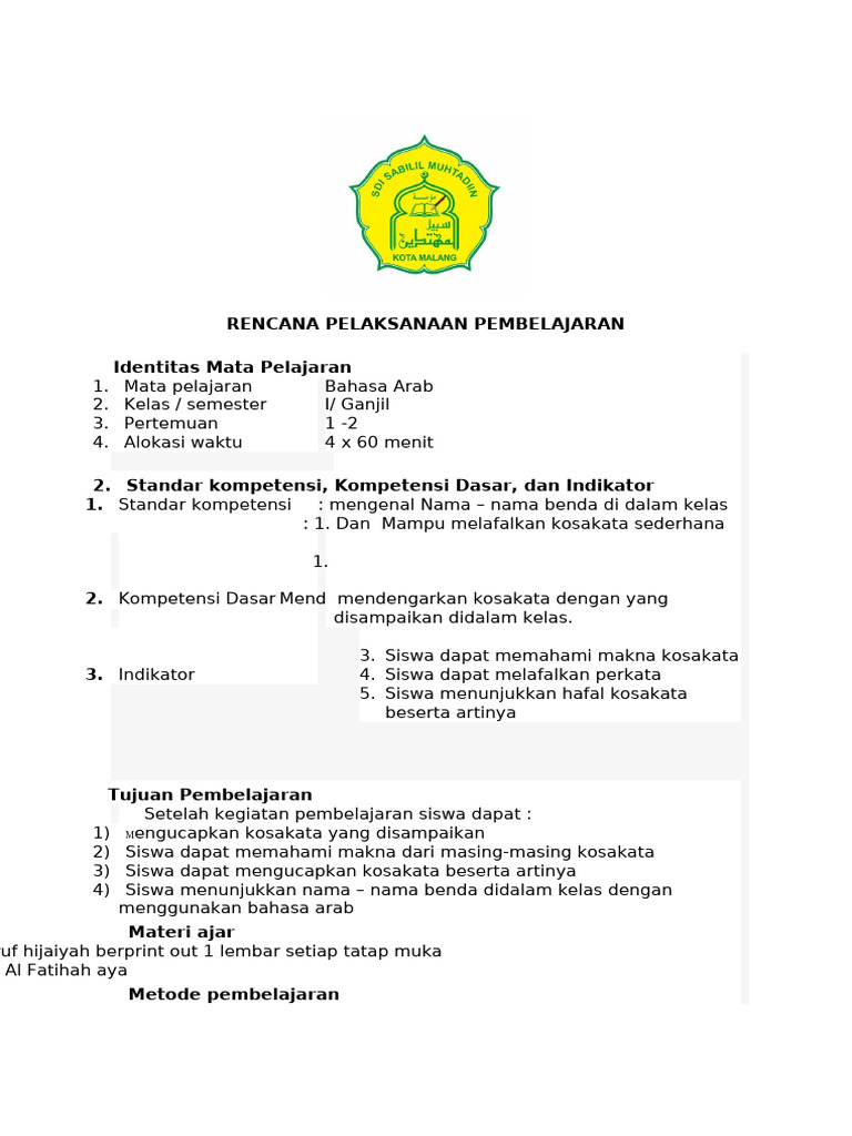 Modul Ajar Bahasa Arab Kelas 1 | PDF | Seni & Disiplin Bahasa