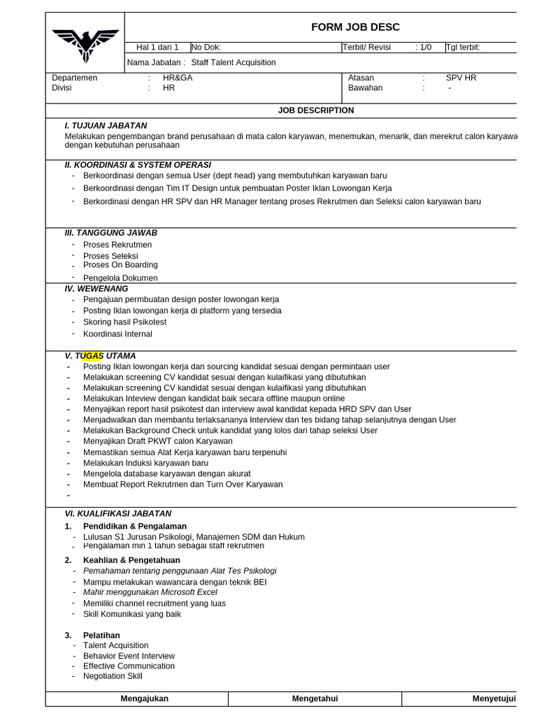 Deskripsi Pekerjaan Staff Talent Acquisition | PDF