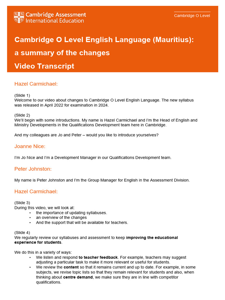 Cambridge O Level English Language Changes | PDF | Reading ...