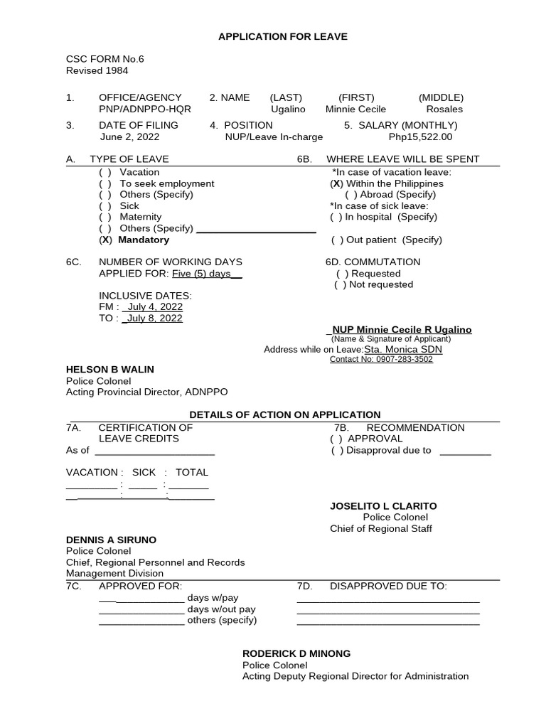 Leave Application Sample Form | PDF