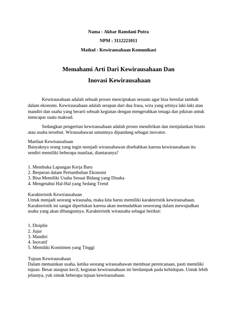 Kewirausahaan Komunikasi Akbar Ramdani Putra 3112221011 | PDF