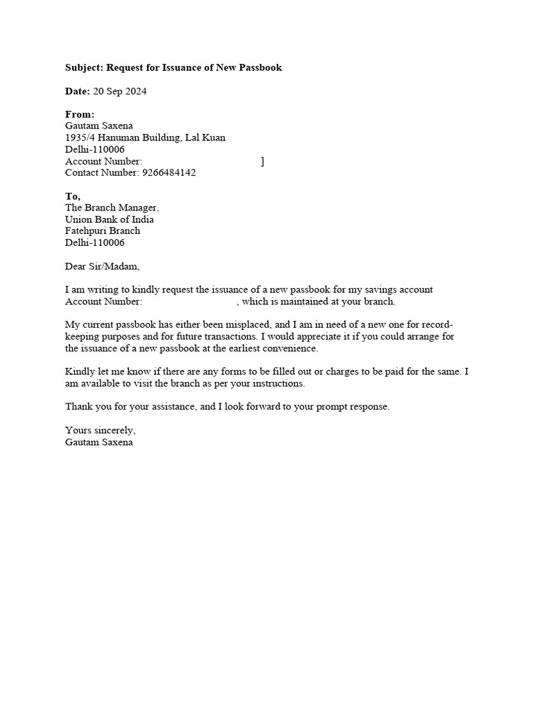 New Passbook Request Letter | PDF | Career & Growth | Business