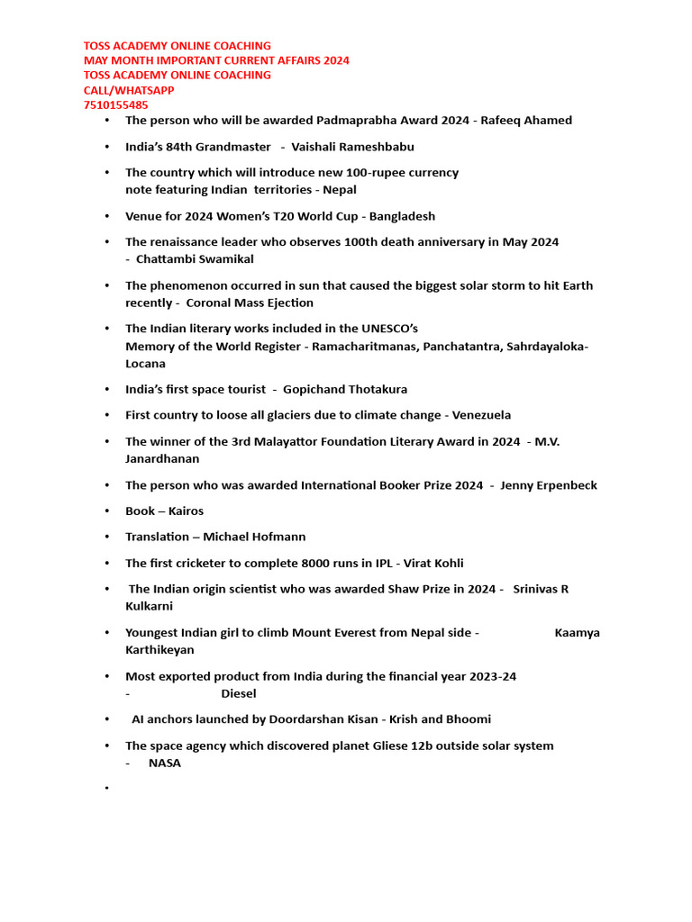 May 2024 Current Affairs Highlights | PDF | Travel | Religion ...