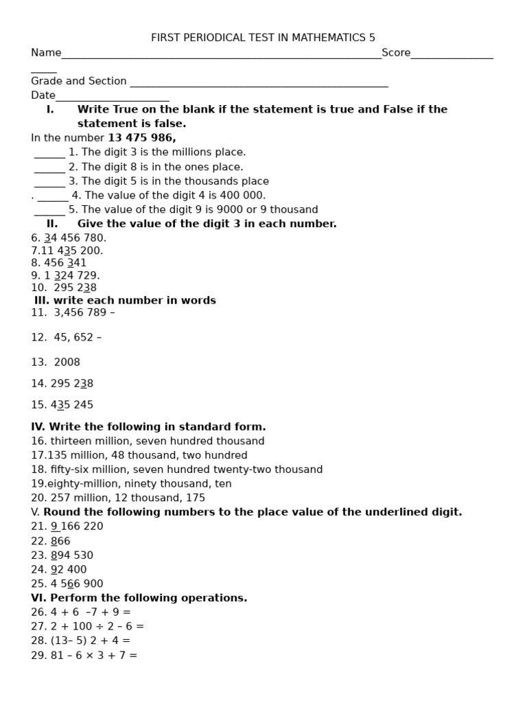 Grade 5 Math Test: Numbers & Operations | PDF