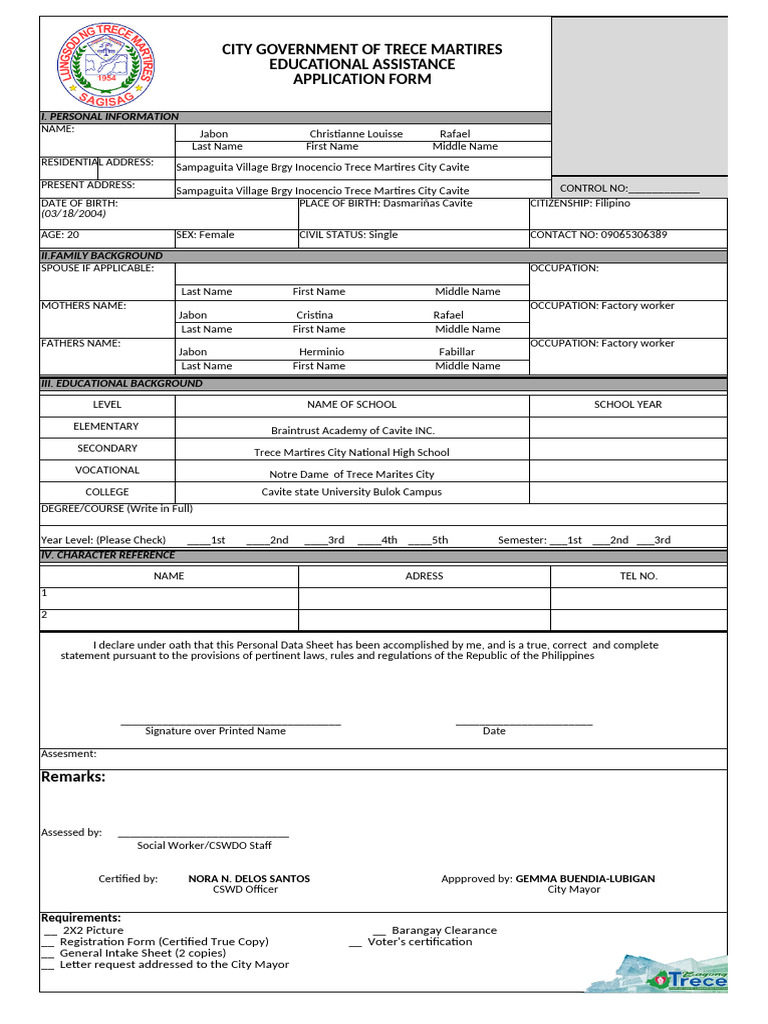Educational Assistance Application Form | PDF | Government And ...