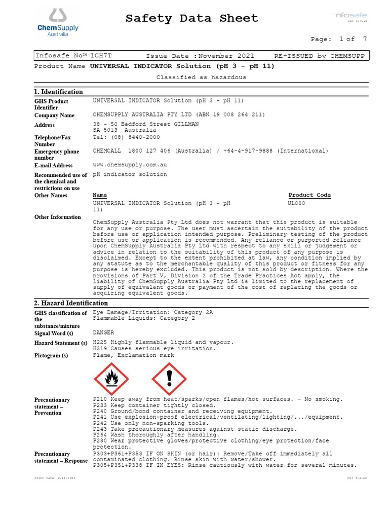 Safety Data Sheet For Using Universal Indicator | PDF | Personal ...