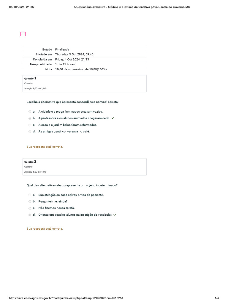 Questionário Avaliativo - Módulo 3 - Revisão Da Tentativa - Ava Escola ...