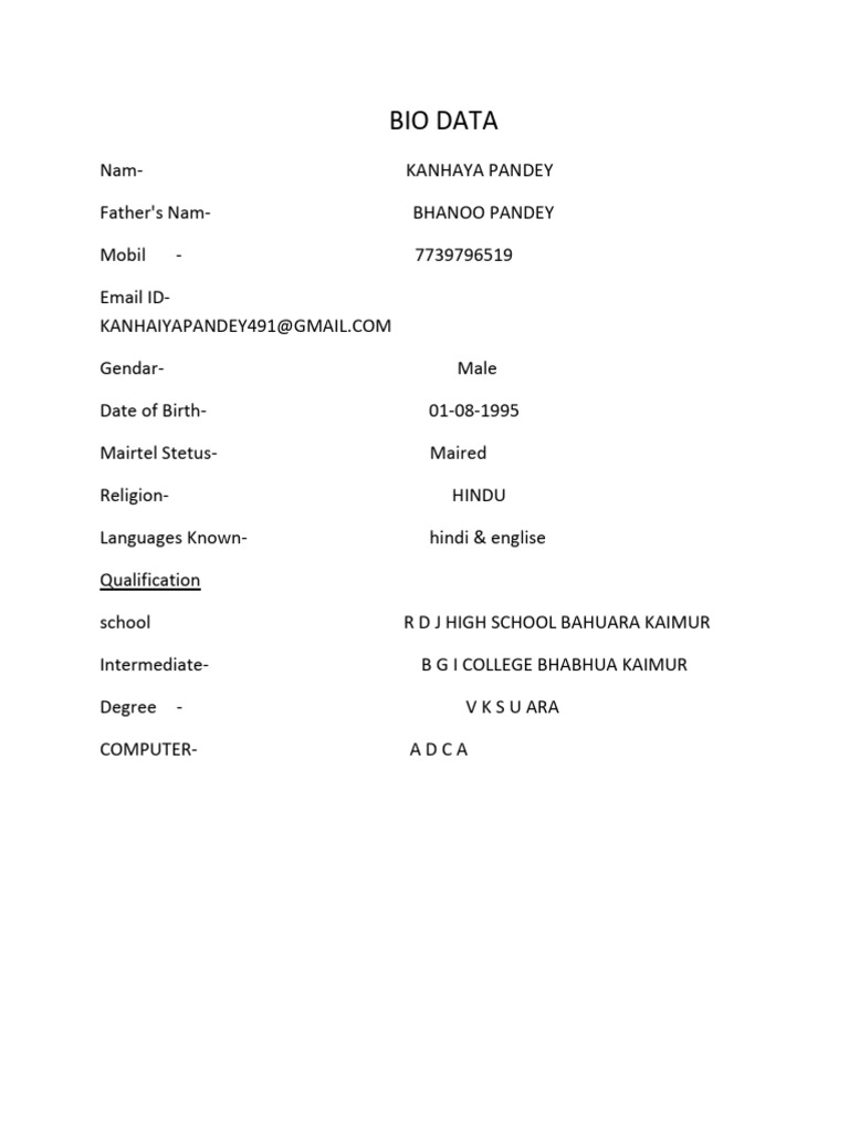 Kanhaya Pandey Bio Data Summary | PDF