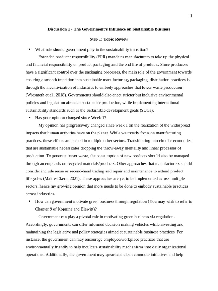 Sustainability in business discussion 1 the government s influence