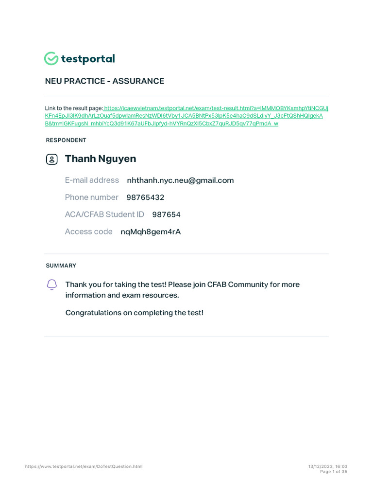 NEU PRACTICE ASSURANCE Test Summary | PDF