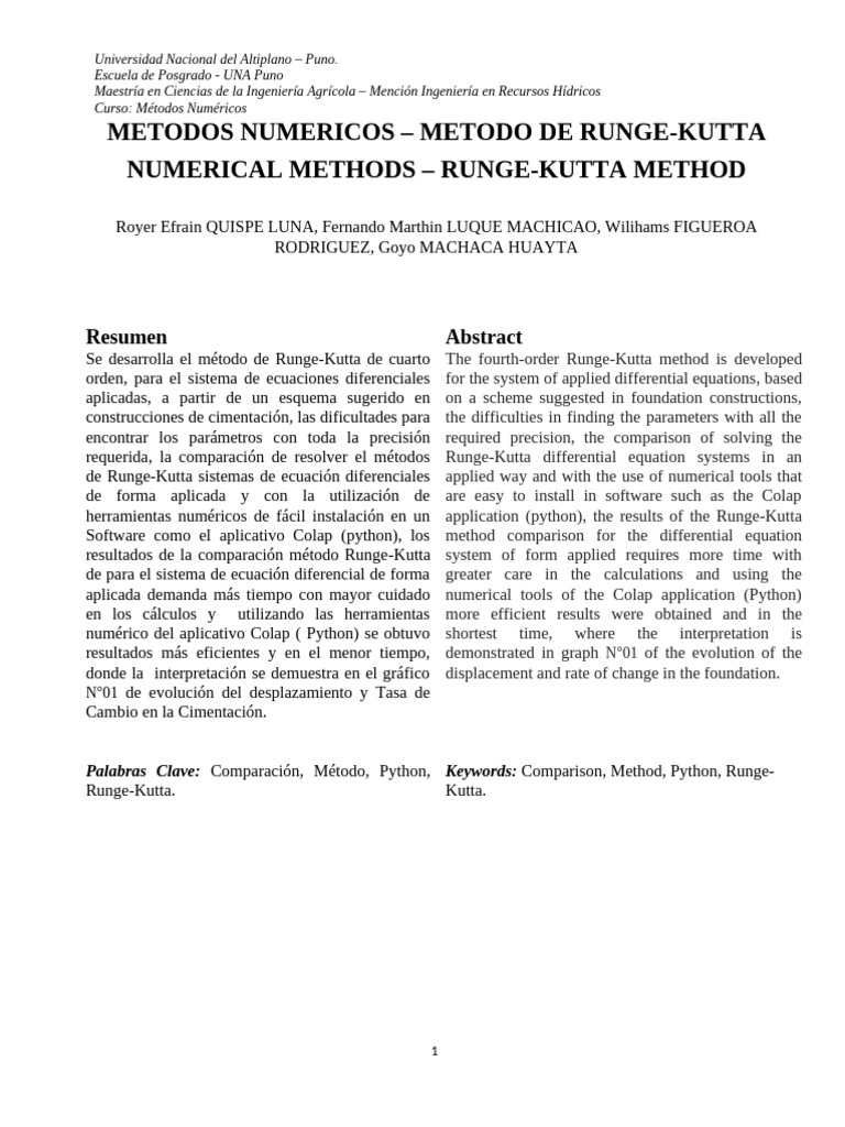 Artículo Método Runge Kutta | PDF | Sistema no lineal | Ecuaciones