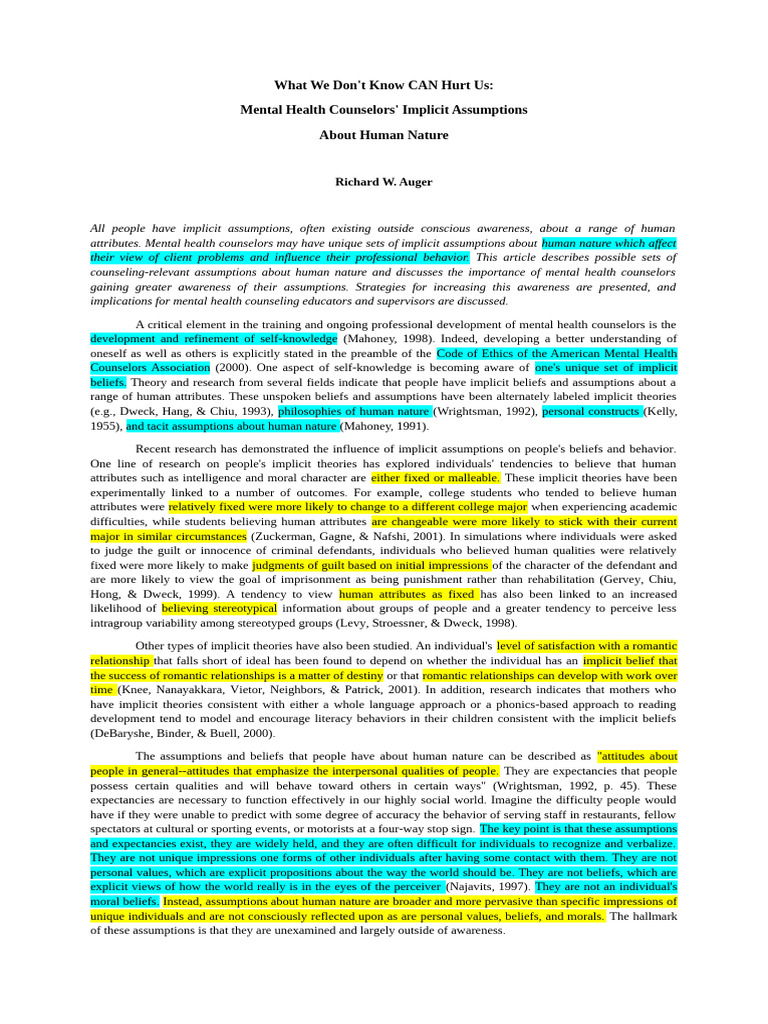 Implicit Assumptions in Counseling | PDF | Mental Health | Psychotherapy