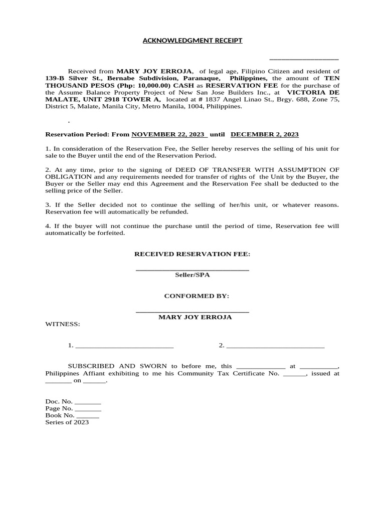 Acknowledgment Receipt for Reservation Fee | PDF | Finance & Money ...