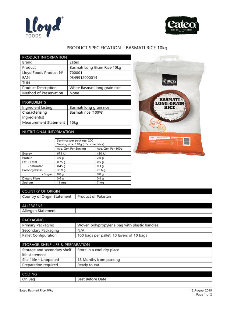 Eateo Basmati Rice 10kg | PDF
