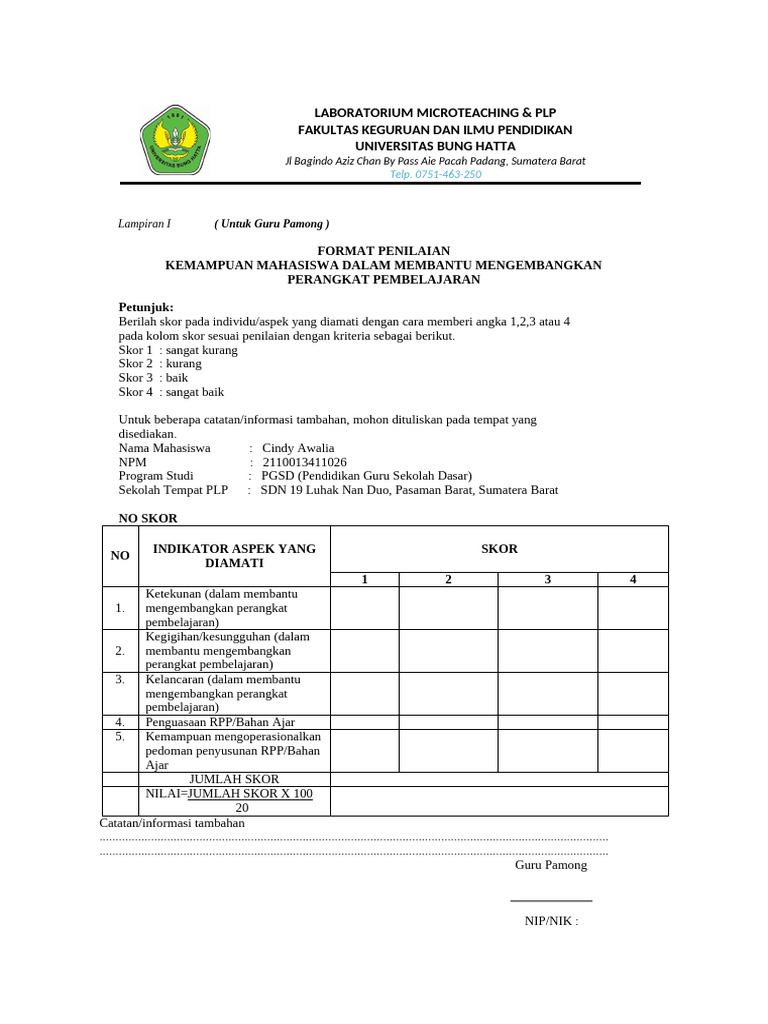 Penilaian PLP Cindy Awalia di SDN 19 | PDF