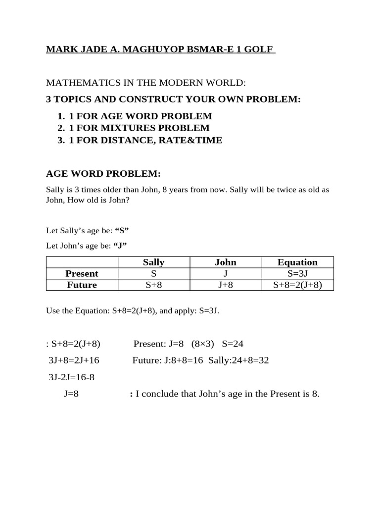 Solving age word problem mixtures problem and distance rate time