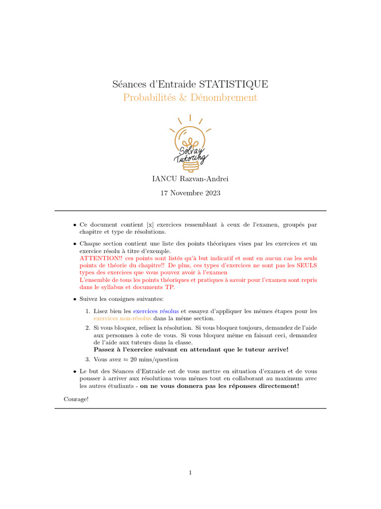 Entraide en Statistique : Dénombrement CE1D | PDF | Théorie des ...
