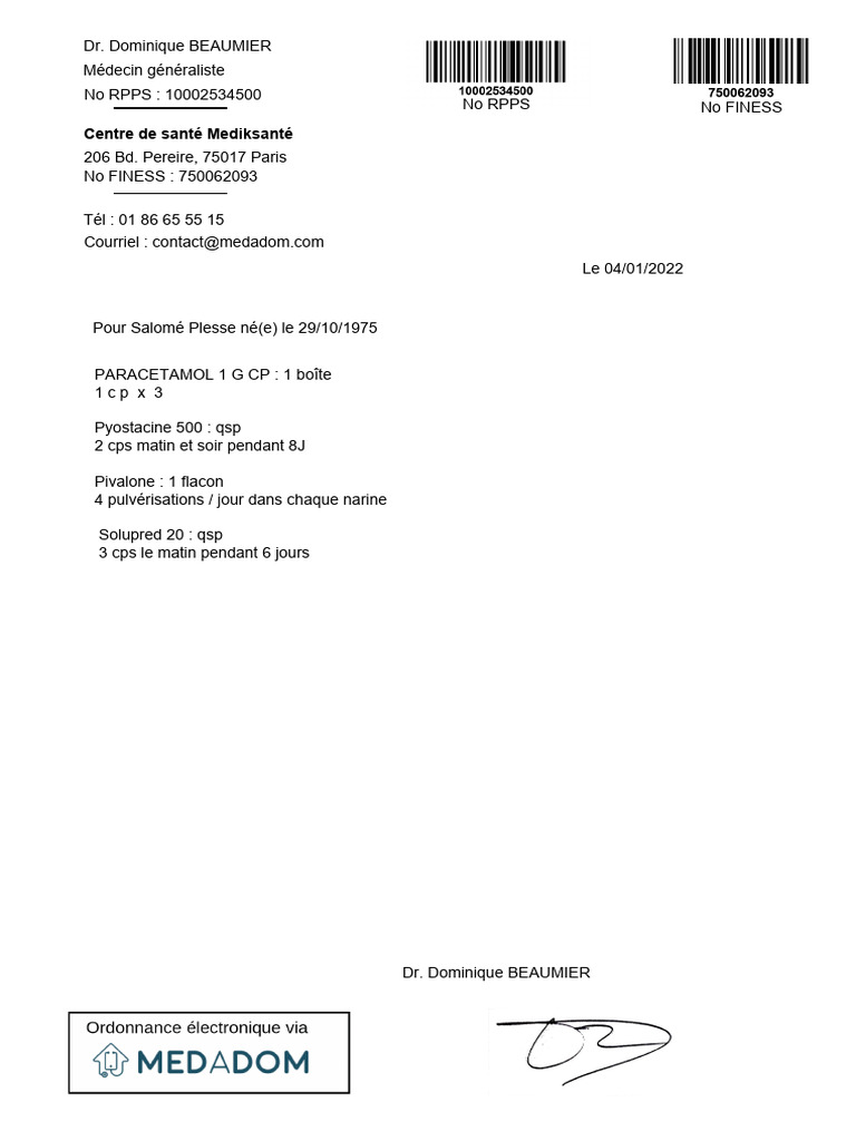 Ordonnance médicale de Dr. Beaumier | PDF | Bien-être