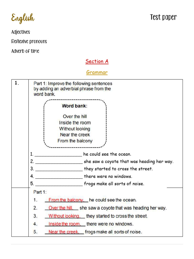 Grade 5 English Grammar Exam Review | PDF | Adverb | Adjective