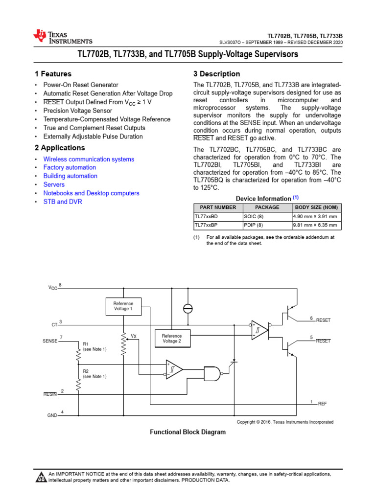 TL7702B, TL7733B, and TL7705B Supply-Voltage Supervisors: 1 Features 3 ...