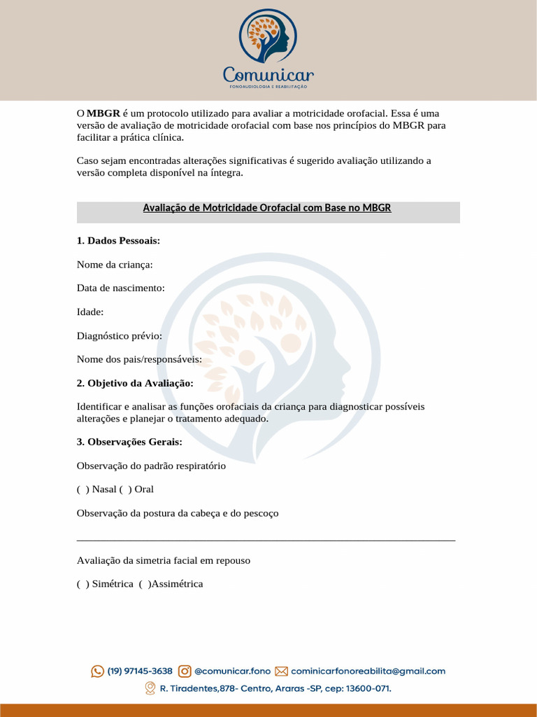 Avaliação de Motricidade Orofacial MBGR | PDF | Boca | Medicina Clínica
