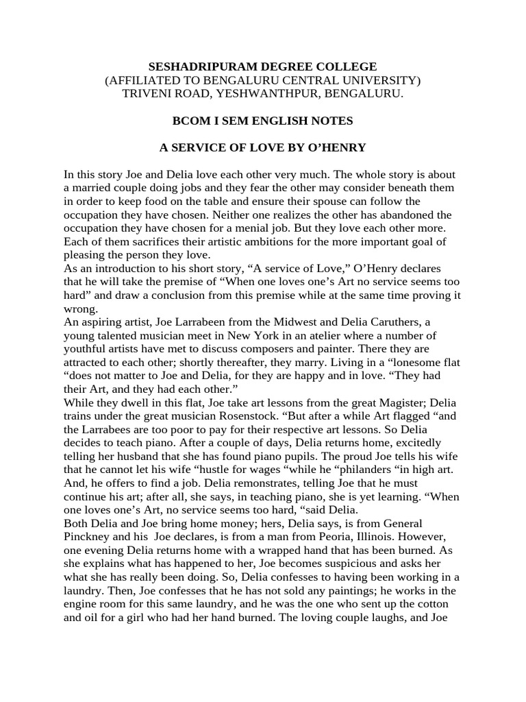 BCom I Sem English Notes: O'Henry's Love | PDF | Sonnets | Shakespeare ...
