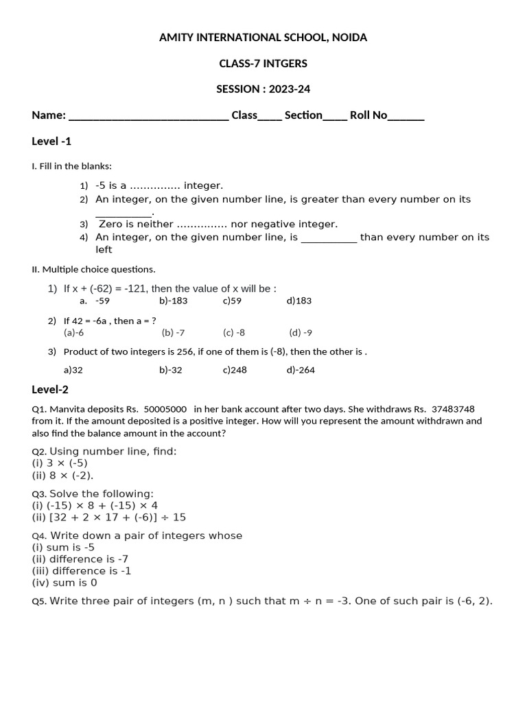 Class 7 Integer Exercises and Notes | PDF