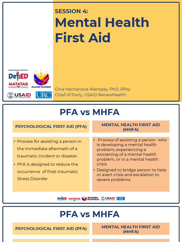 PFA vs MHFA: Key Concepts and Skills | PDF | Mental Health | Empathy
