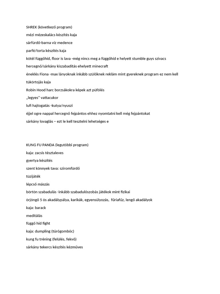 Shrek + Kung Fu Panda Program Terv | PDF