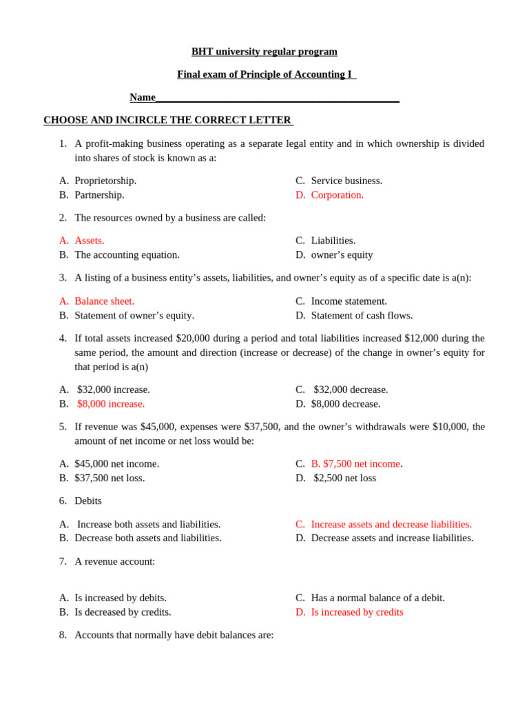 BHT Exam: Principles of Accounting I | PDF | Debits And Credits ...