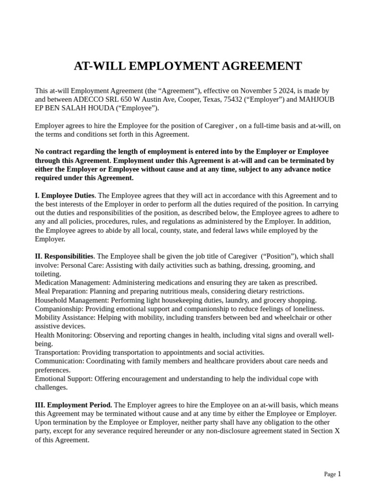 Adecco At-Will Employment Agreement | PDF | Employment | Business