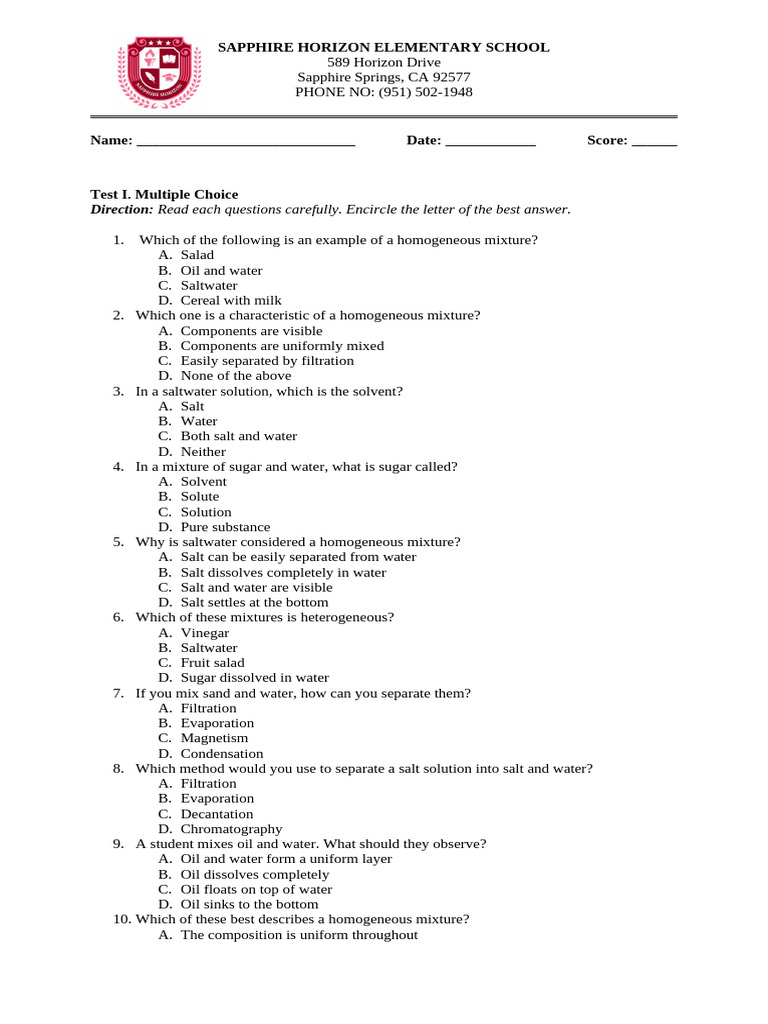 Test Paper - Copy | PDF | Mixture | Solubility